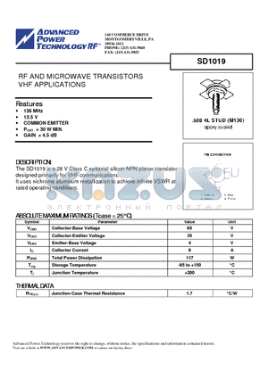 SD1019 datasheet - RF AND MICROWAVE TRANSISTORS VHF APPLICATIONS