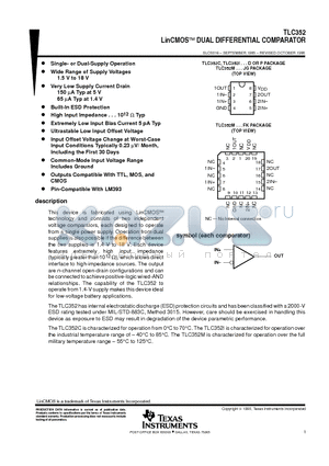 TLC352 datasheet - LinCMOSE DUAL DIFFERENTIAL COMPARATOR