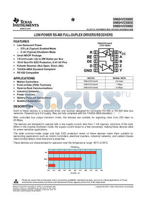 SN65HVD3080E datasheet - LOW-POWER RS-485 FULL-DUPLEX DRIVERS/RECEIVERS