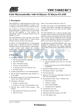 T89C51RB2-3CBCL datasheet - 8-bit Microcontroller with 16 Kbytes/ 32 Kbytes FLASH