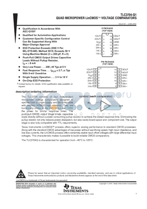 TLC3704-Q1 datasheet - QUAD MICROPOWER LINCMOS VOLTAGE COMPARATORS