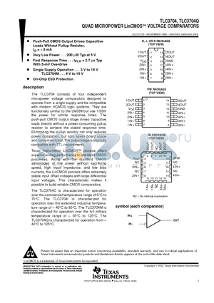 TLC3704CD datasheet - QUAD MICROPOWER LinCMOSE VOLTAGE COMPARATORS