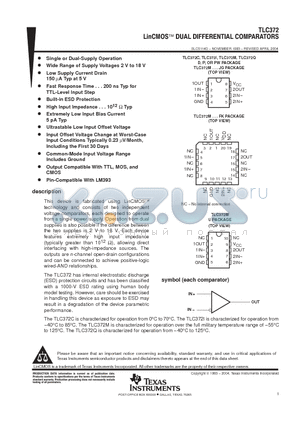 TLC372M datasheet - LIN CMOS DUAL DIFFERENTIAL COMPARATORS