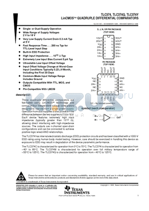 TLC374 datasheet - LinCMOS QUADRUPLE DIFFERENTIAL COMPARATORS