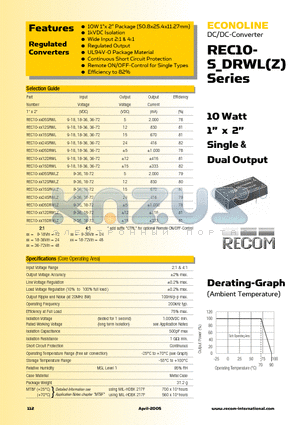 REC10-2405SRWLZ datasheet - ECONOLINE - DC/DC - CONVERTER