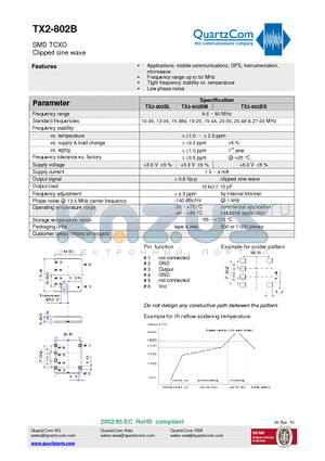 TX2-802B datasheet - SMD TCXO Clipped sine wave Tight frequency stability vs. temperature