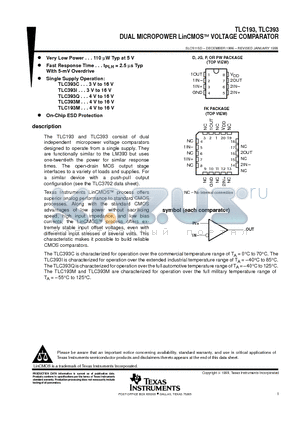 TLC393ID datasheet - DUAL MICROPOWER LinCMOSE VOLTAGE COMPARATOR