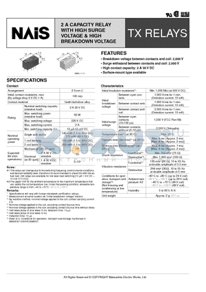 TX2-L-H-24V datasheet - 2 A CAPACITY RELAY WITH HIGH SURGE VOLTAGE & HIGH BREAKDOWN VOLTAGE