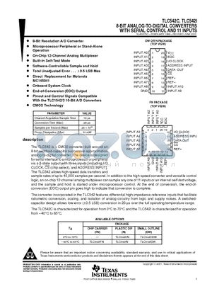 TLC542 datasheet - 8-BIT ANALOG-TO-DIGITAL CONVERTERS WITH SERIAL CONTROL AND 11 INPUTS
