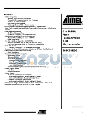 T89C51RD2-SLUIM datasheet - 0 to 40 MHz Flash Programmable 8-bit Microcontroller