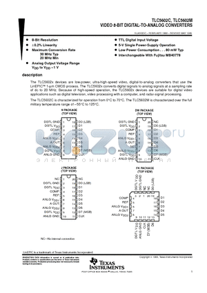 TLC5602MFK datasheet - VIDEO 8-BIT DIGITAL-TO-ANALOG CONVERTERS