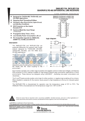 SN65LBC173AD datasheet - QUADRUPLE RS-485 DIFFERENTIAL LINE RECEIVERS