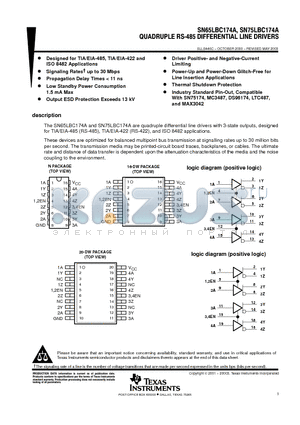 SN65LBC174A16DW datasheet - QUADRUPLE RS-485 DIFFERENTIAL LINE DRIVERS