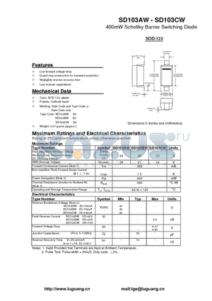 SD103BW datasheet - 400mW Schottky Barrier Switching Diode