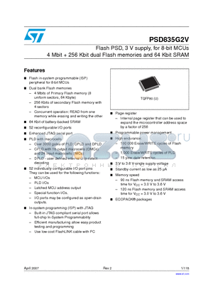 PSD835G2V datasheet - Flash PSD, 3 V supply, for 8-bit MCUs 4 Mbit  256 Kbit dual Flash memories and 64 Kbit SRAM