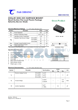 SD103BWS datasheet - 200mW SOD-323 SURFACE MOUNT Small Outline Flat Lead Plastic Package Schottky Barrier Diode