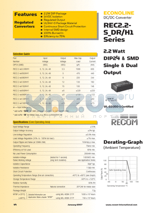 REC2.2-0509DRH1 datasheet - 2.2 Watt DIP24 & SMD Single & Dual Output
