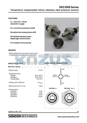 SSC3002AA datasheet - Temperature compensated silicon stainless steel pressure sensors