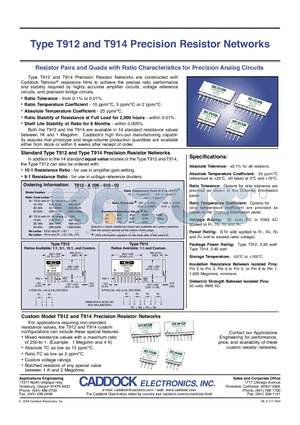 T912-A100K-010-05 datasheet - Type T912 and T914 Precision Resistor Networks