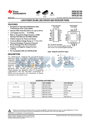 SN65LBC180RSAR datasheet - LOW-POWER RS-485 LINE DRIVER AND RECEIVER PAIRS