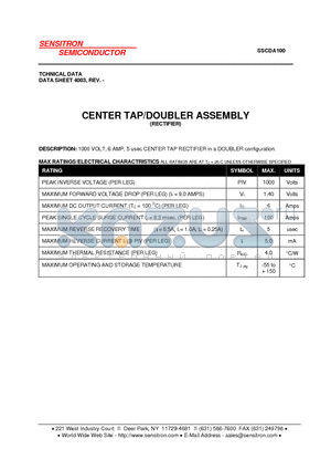 SSCDA100 datasheet - CENTER TAP/DOUBLER ASSEMBLY (RECTIFIER)