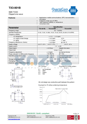TX3-801BS datasheet - SMD TCXO Clipped sine wave Tight frequency stability vs. temperature