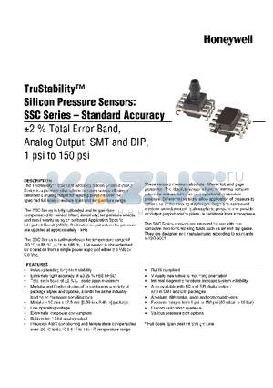 SSCDAND001PGAB3 datasheet - TruStability silicon Pressure Sensors: SSC Series-Standard Accuracy -2% total Error band,Analog output,SMT and DIP,1 psi to 150 psi