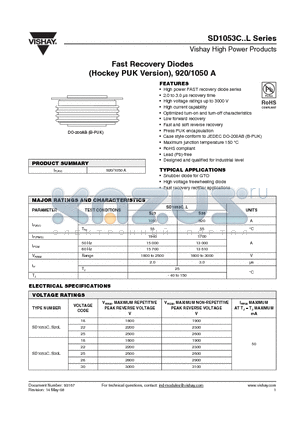 SD1053C18S30L datasheet - Fast Recovery Diodes (Hockey PUK Version), 920/1050 A