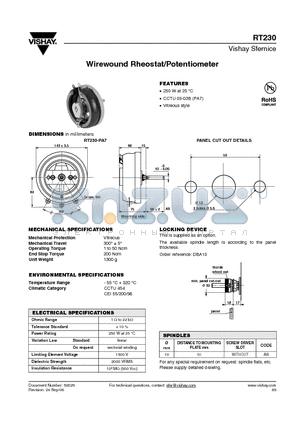 RT230 datasheet - Wirewound Rheostat/Potentiometer