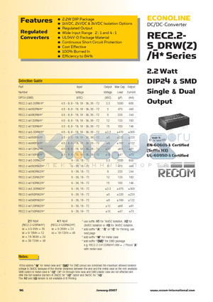 REC2.2-1212SRWH2AM datasheet - 2.2 Watt DIP24 & SMD Single & Dual Output