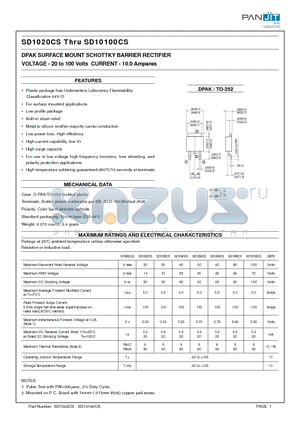 SD1080CS datasheet - DPAK SURFACE MOUNT SCHOTTKY BARRIER RECTIFIER(VOLTAGE - 20 to 100 Volts CURRENT - 10.0 Amperes)