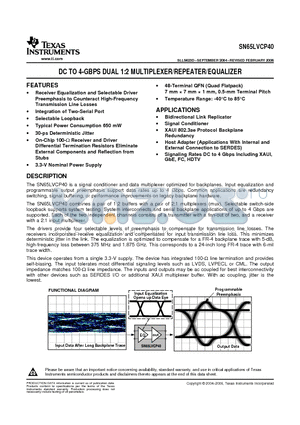 SN65LVCP40_07 datasheet - DC TO 4-GBPS DUAL 1:2 MULTIPLEXER/REPEATER/EQUALIZER