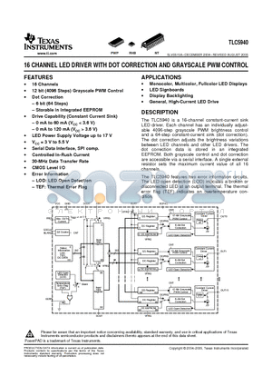 TLC5940RHBG4 datasheet - 16 CHANNEL LED DRIVER WITH DOT CORRECTION AND GRAYSCALE PWM CONTROL