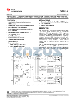 TLC5941QPWPRQ1 datasheet - 16-CHANNEL LED DRIVER WITH DOT CORRECTION AND GRAYSCALE PWM CONTROL