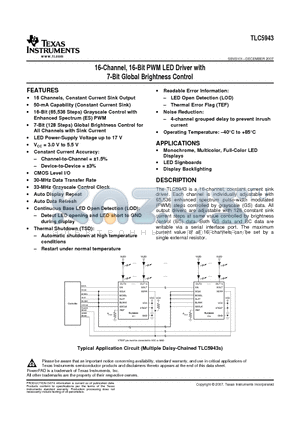 TLC5943 datasheet - 16-Channel, 16-Bit PWM LED Driver with 7-Bit Global Brightness Control