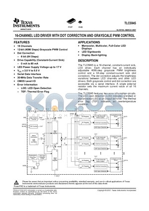 TLC5945PWP datasheet - 16-CHANNEL LED DRIVER WITH DOT CORRECTION AND GRAYSCALE PWM CONTROL