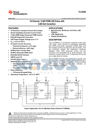 TLC5946RHBR datasheet - 16-Channel, 12-Bit PWM LED Driver with 6-Bit Dot Correction