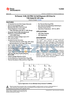 TLC5949 datasheet - 16-Channel, 12-Bit, ES-PWM, Full Self-Diagnosis LED Driver for 7-Bit Global BC LED Lamp