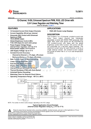 TLC59711 datasheet - 12-Channel, 16-Bit, Enhanced Spectrum PWM, RGB, LED Driver