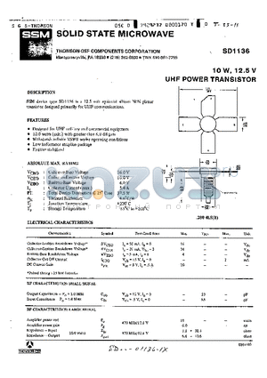 SD1136 datasheet - UHF POWER TRANSISTOR
