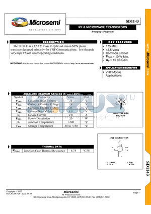 SD1143 datasheet - RF & MICROWAVE TRANSISTORS