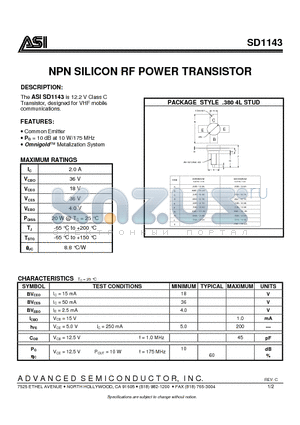 SD1143 datasheet - NPN SILICON RF POWER TRANSISTOR