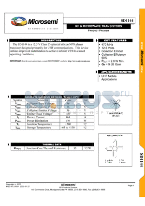 SD1144 datasheet - RF & MICROWAVE TRANSISTORS