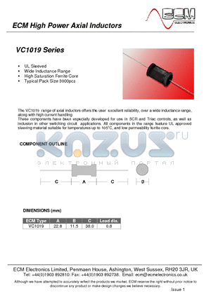 VC1019-150 datasheet - axial inductors offers the user excellent reliability, over a wide inductance range, along with high current handling.