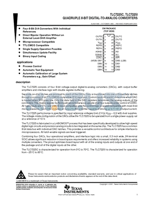 TLC7225IDWG4 datasheet - QUADRUPLE 8-BIT DIGITAL-TO-ANALOG CONVERTERS