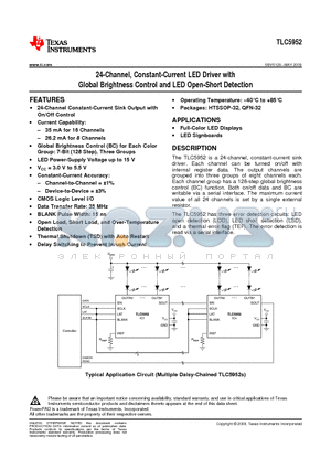 TLC5952RHBR datasheet - 24-Channel, Constant-Current LED Driver with Global Brightness Control and LED Open-Short Detection