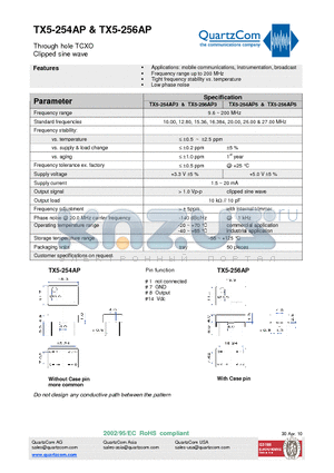 TX5-256AP5 datasheet - Through hole TCXO Clipped sine wave Tight frequency stability vs. temperature