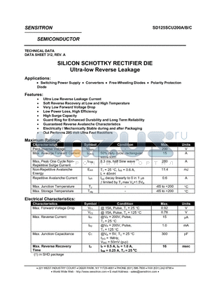 SD125SCU200A datasheet - SILICON SCHOTTKY RECTIFIER DIE Ultra-low Reverse Leakage