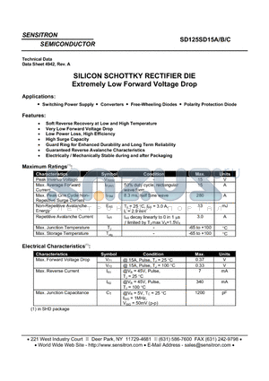 SD125SD15A datasheet - SILICON SCHOTTKY RECTIFIER DIE Extremely Low Forward Voltage Drop