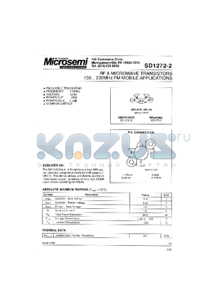 SD1272-02 datasheet - RF & MICROWAVE TRANSISTORS 130-230 MHz FM MOBILE APPLICATIONS